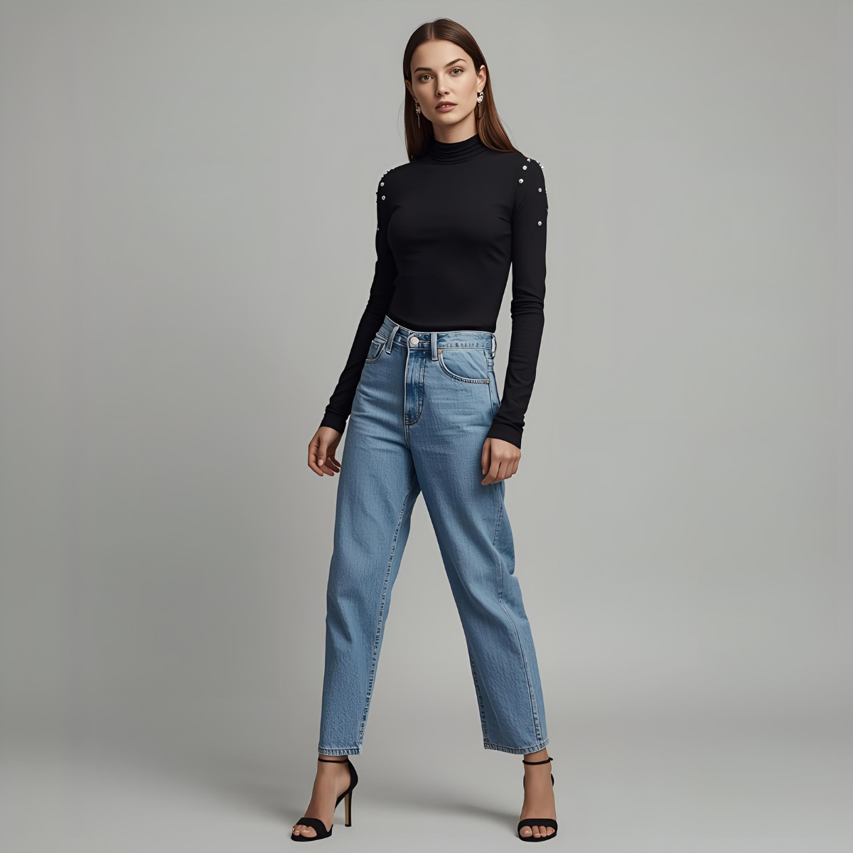 NOIRELLE | Elegant Black Long Sleeve Turtleneck Featuring Pearl Details