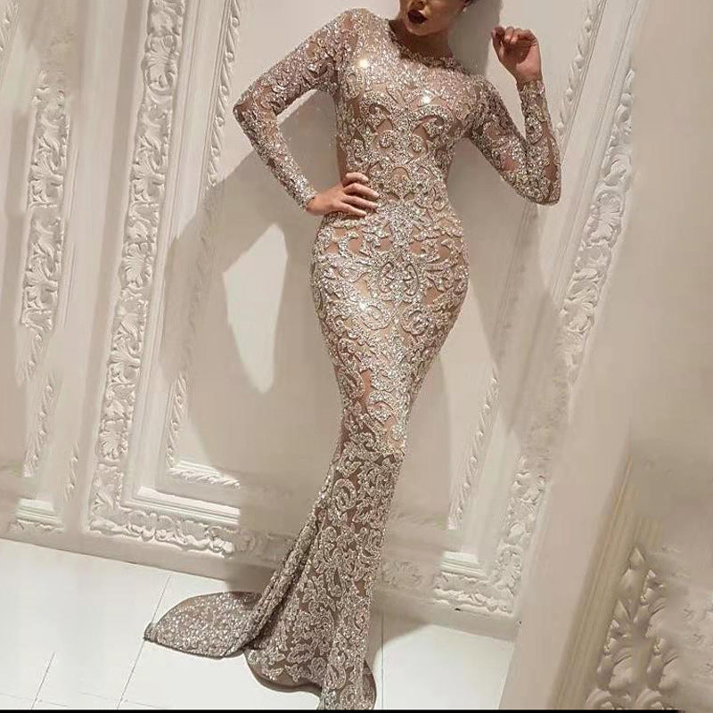 Stylish Long Sleeve Slim Fit Dress for Women with Trendy Metallic Details