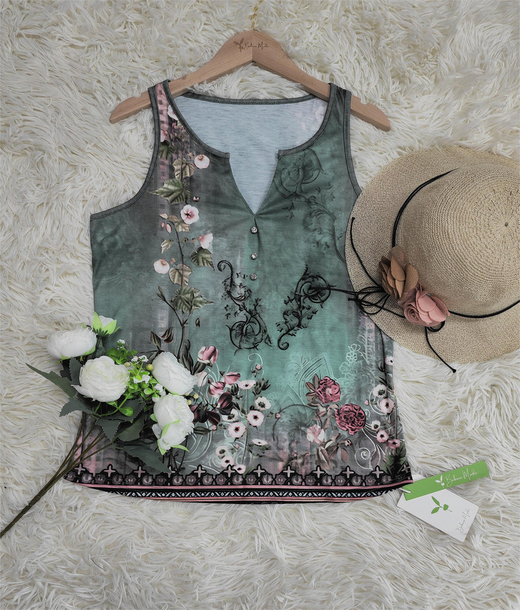 Watercolor Floral Print Sleeveless Blouse