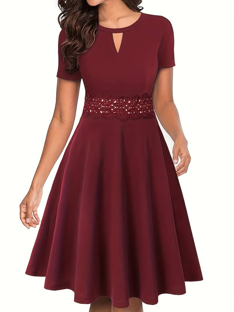 Elegant Lace-Trimmed Blue Dress with Fitted Waist