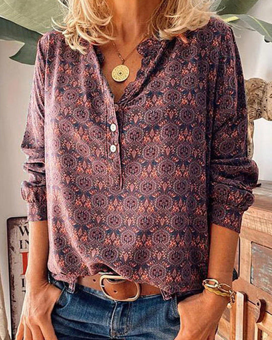 Vintage Print Long Sleeve Blouse with Retro Flair