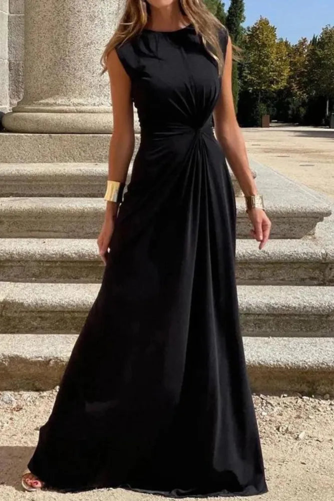 Elegant Women's Long Sleeve V-Neck Maxi Dress - Solid Color Evening Gown