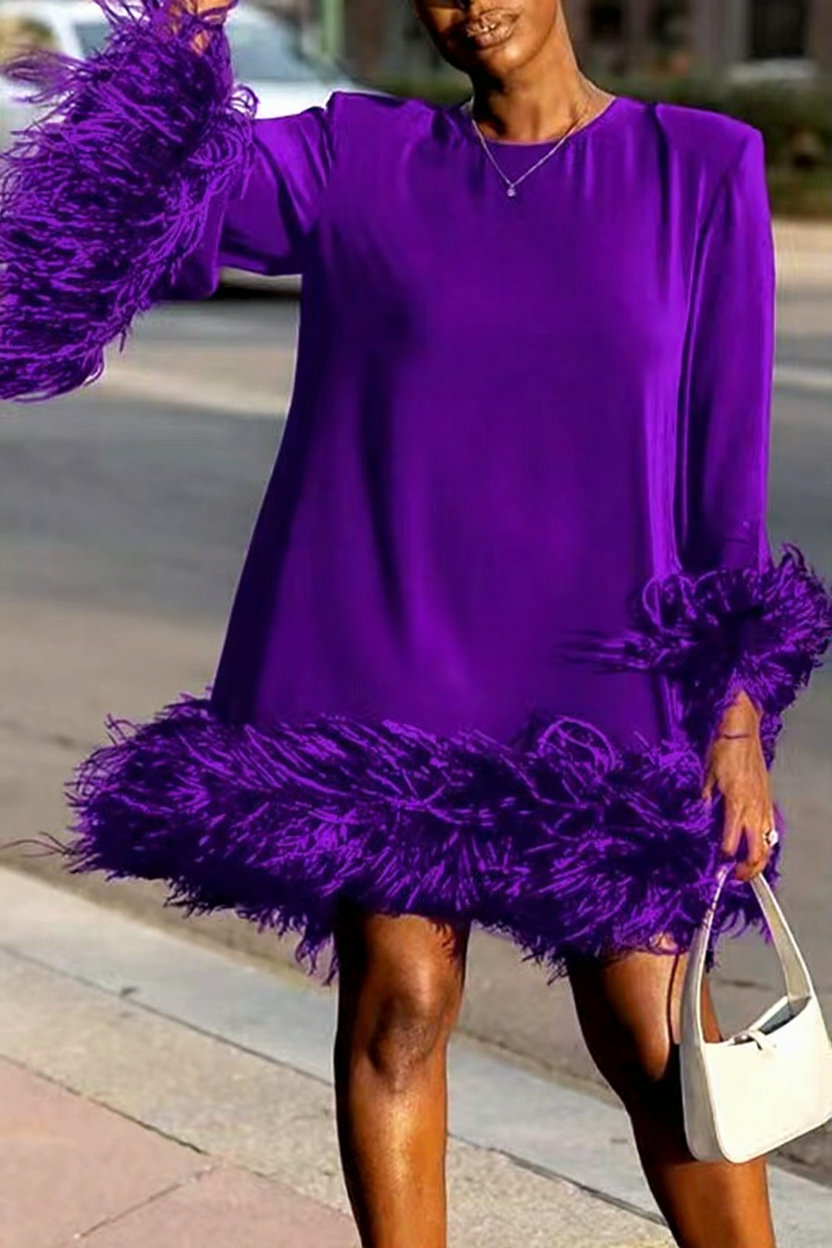 Feathered Mini Dress with Asymmetrical Hem