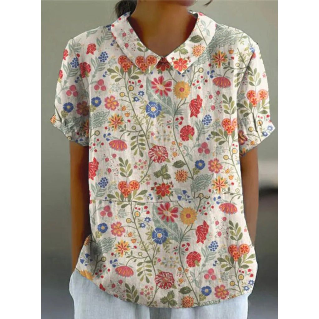 Delightful Floral Cotton Blouse with a Rustic Charm