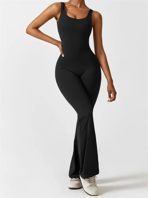 Cut-Out Back Design Sleeveless Jumpsuit with Flared Legs