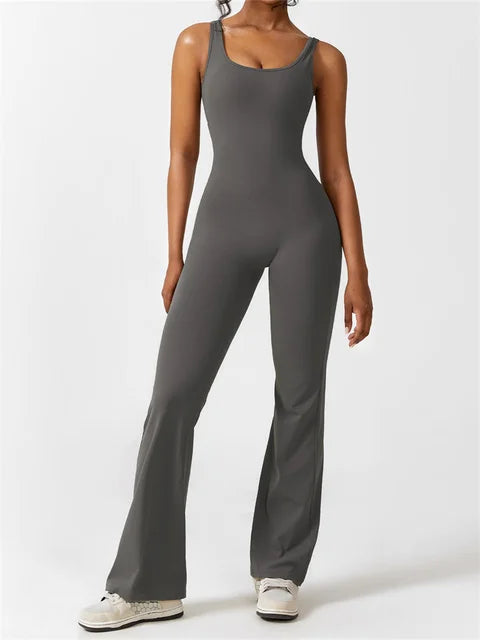Cut-Out Back Design Sleeveless Jumpsuit with Flared Legs