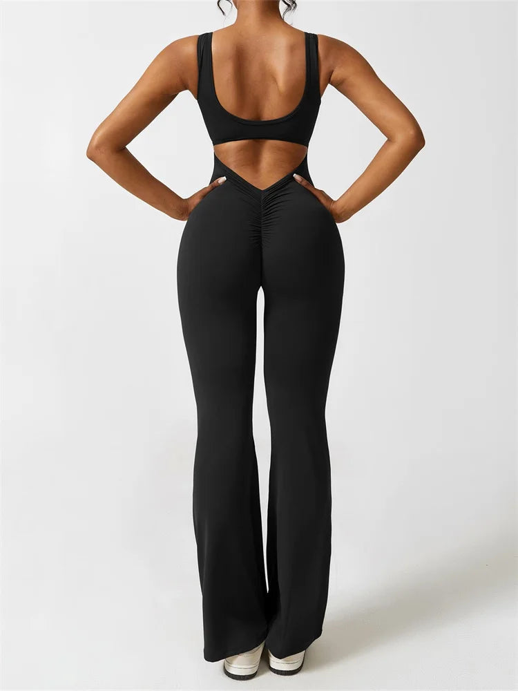 Cut-Out Back Design Sleeveless Jumpsuit with Flared Legs