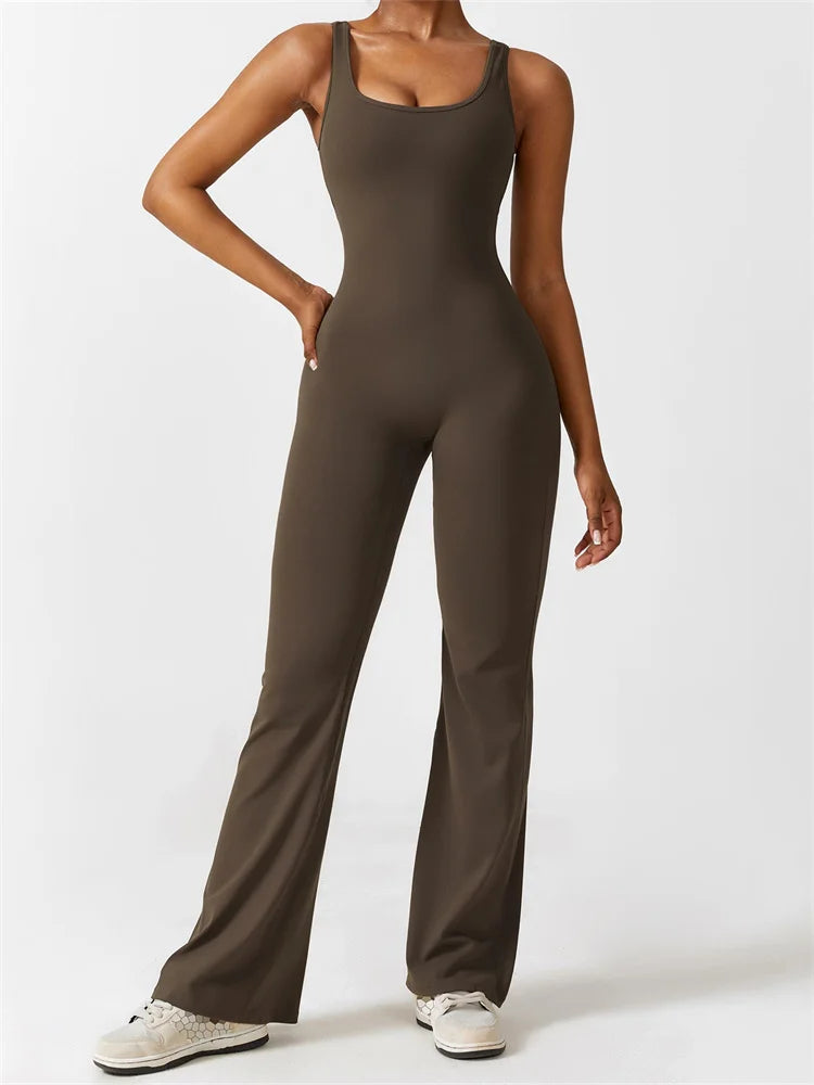 Cut-Out Back Design Sleeveless Jumpsuit with Flared Legs