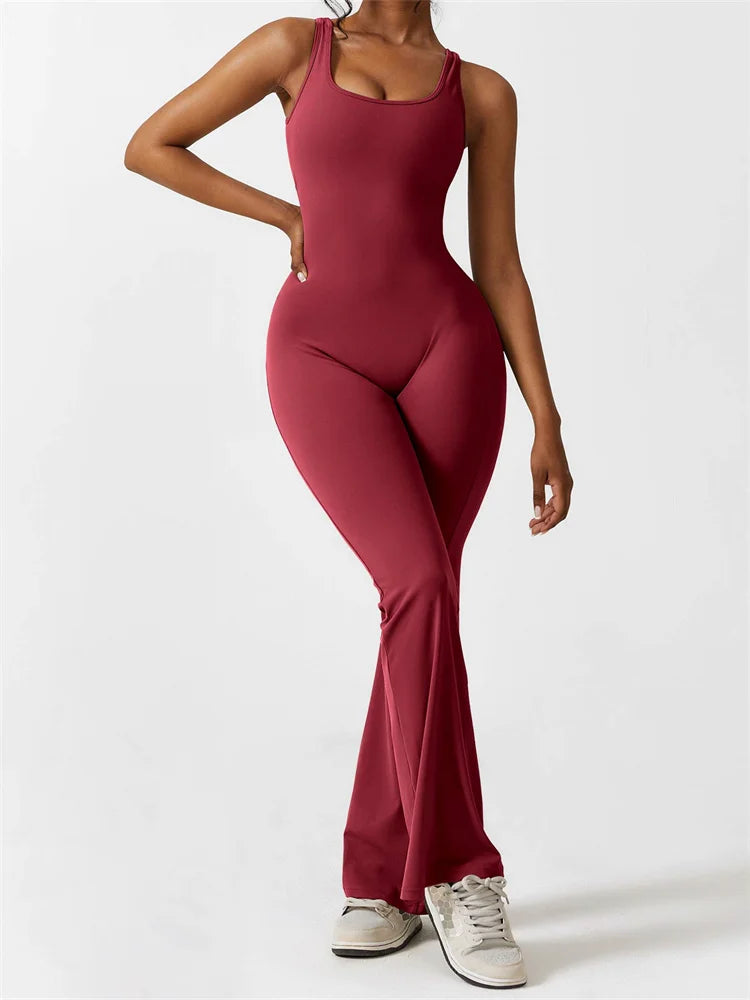 Cut-Out Back Design Sleeveless Jumpsuit with Flared Legs