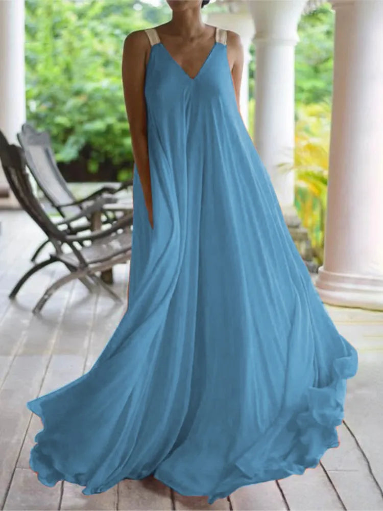 Chloë - Women's Sleeveless V-Neck Boho Maxi Dress, Solid Color, Relaxed Fit for Summer
