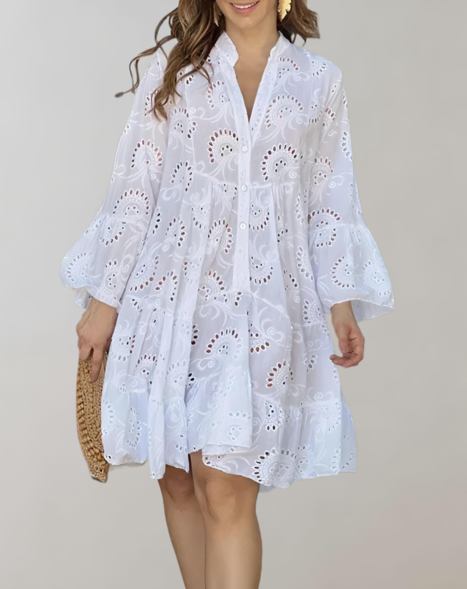 Stylish V-Neck Embroidered Dress with Cozy Bell Sleeves