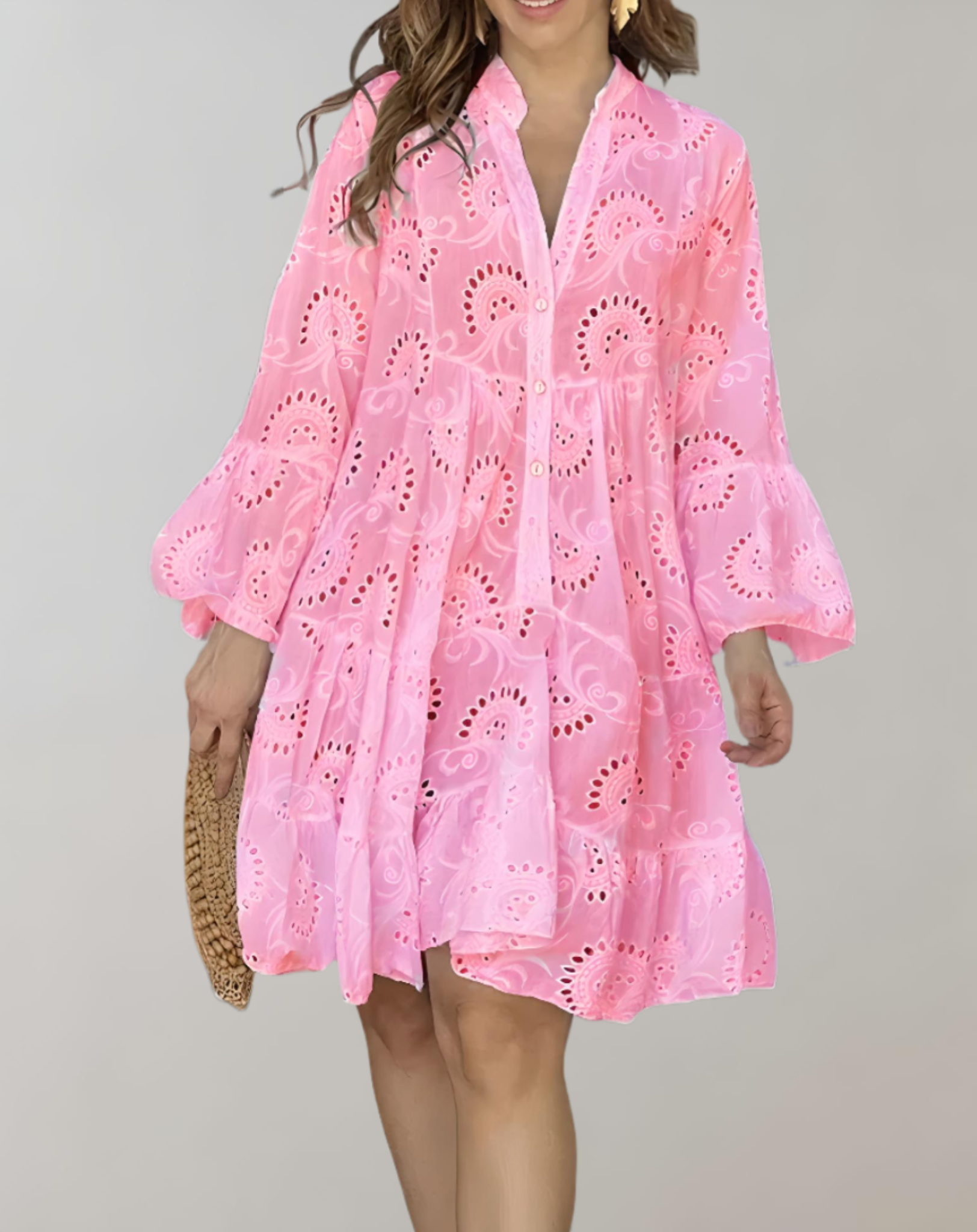 Stylish V-Neck Embroidered Dress with Cozy Bell Sleeves