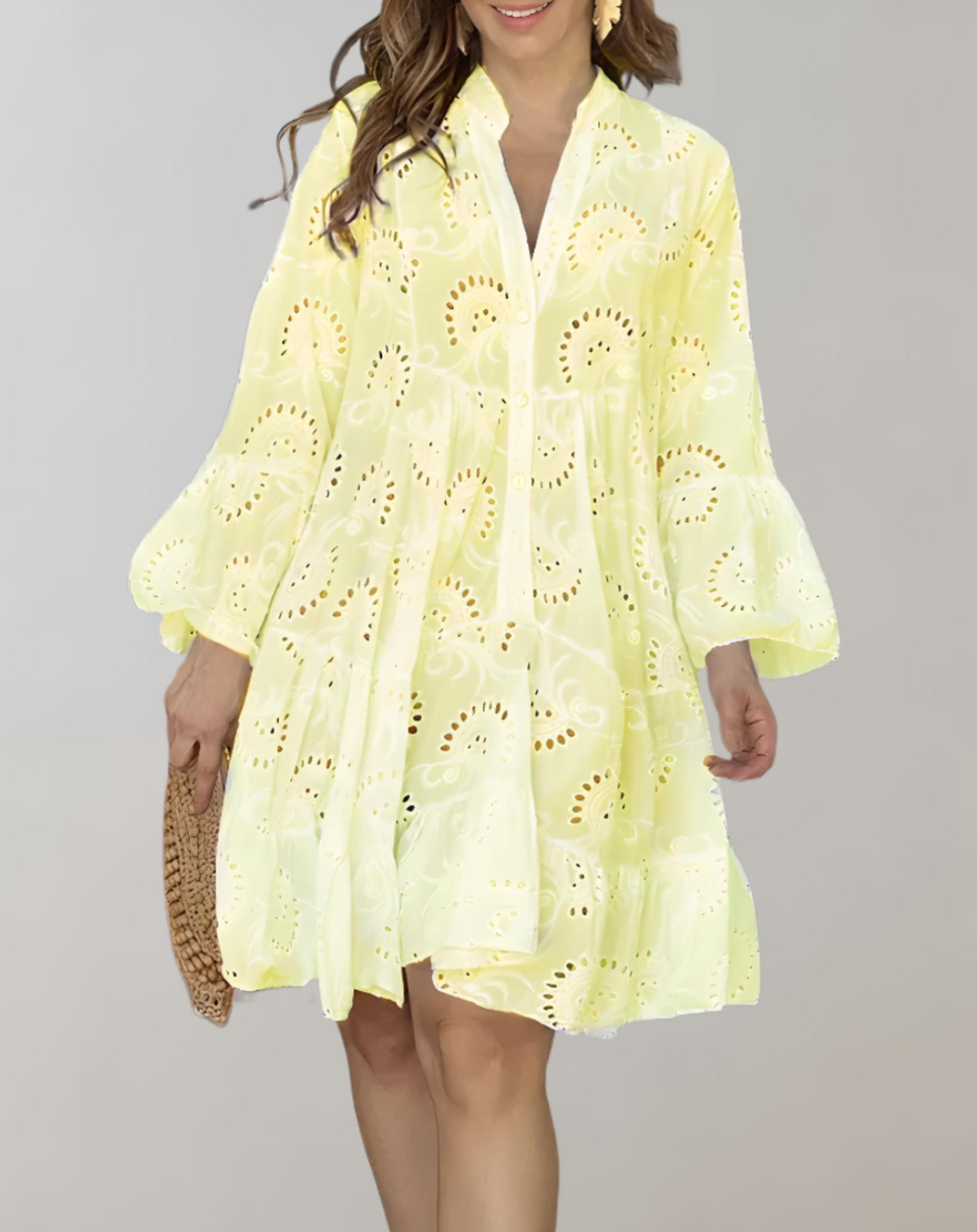Stylish V-Neck Embroidered Dress with Cozy Bell Sleeves