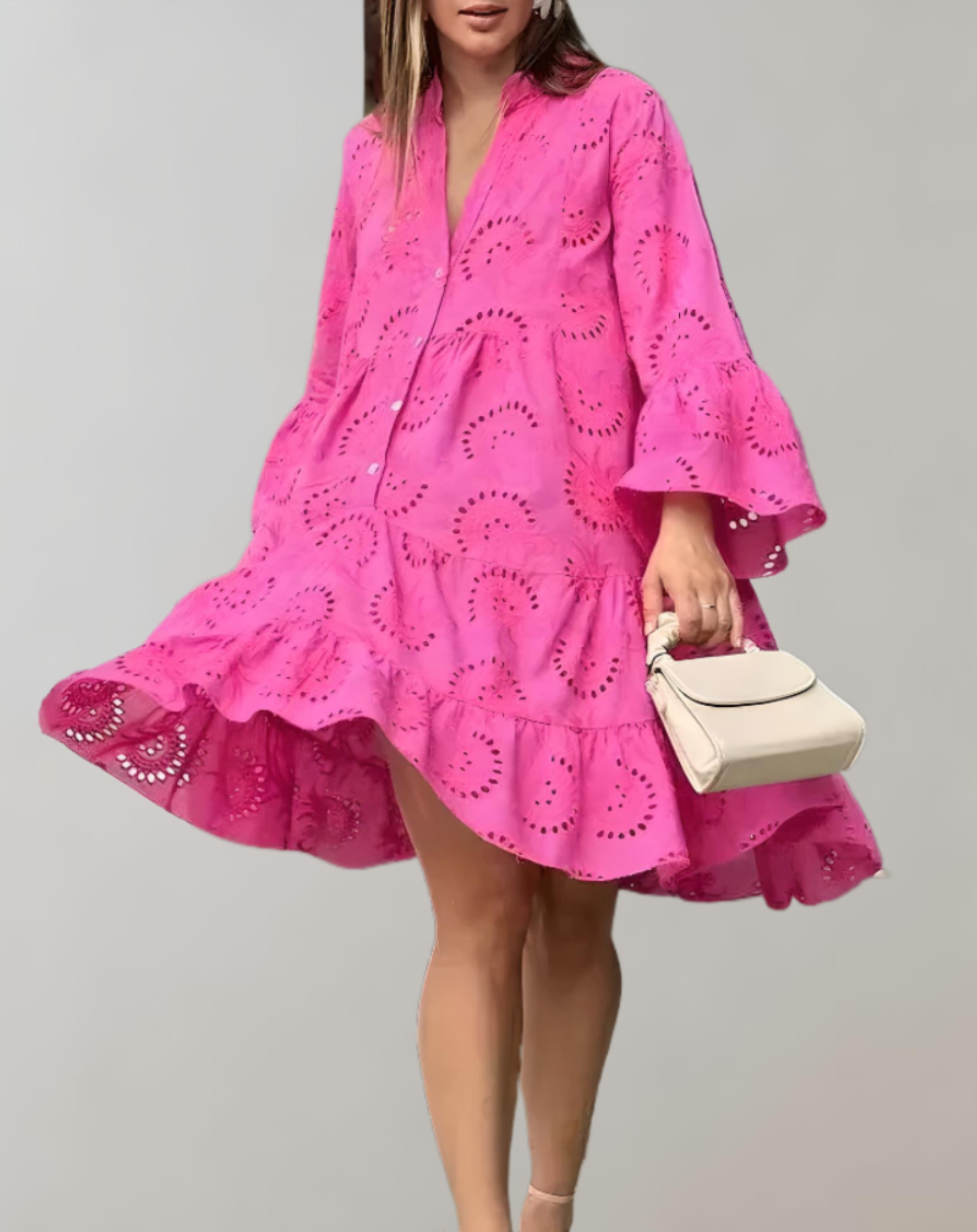 Stylish V-Neck Embroidered Dress with Cozy Bell Sleeves