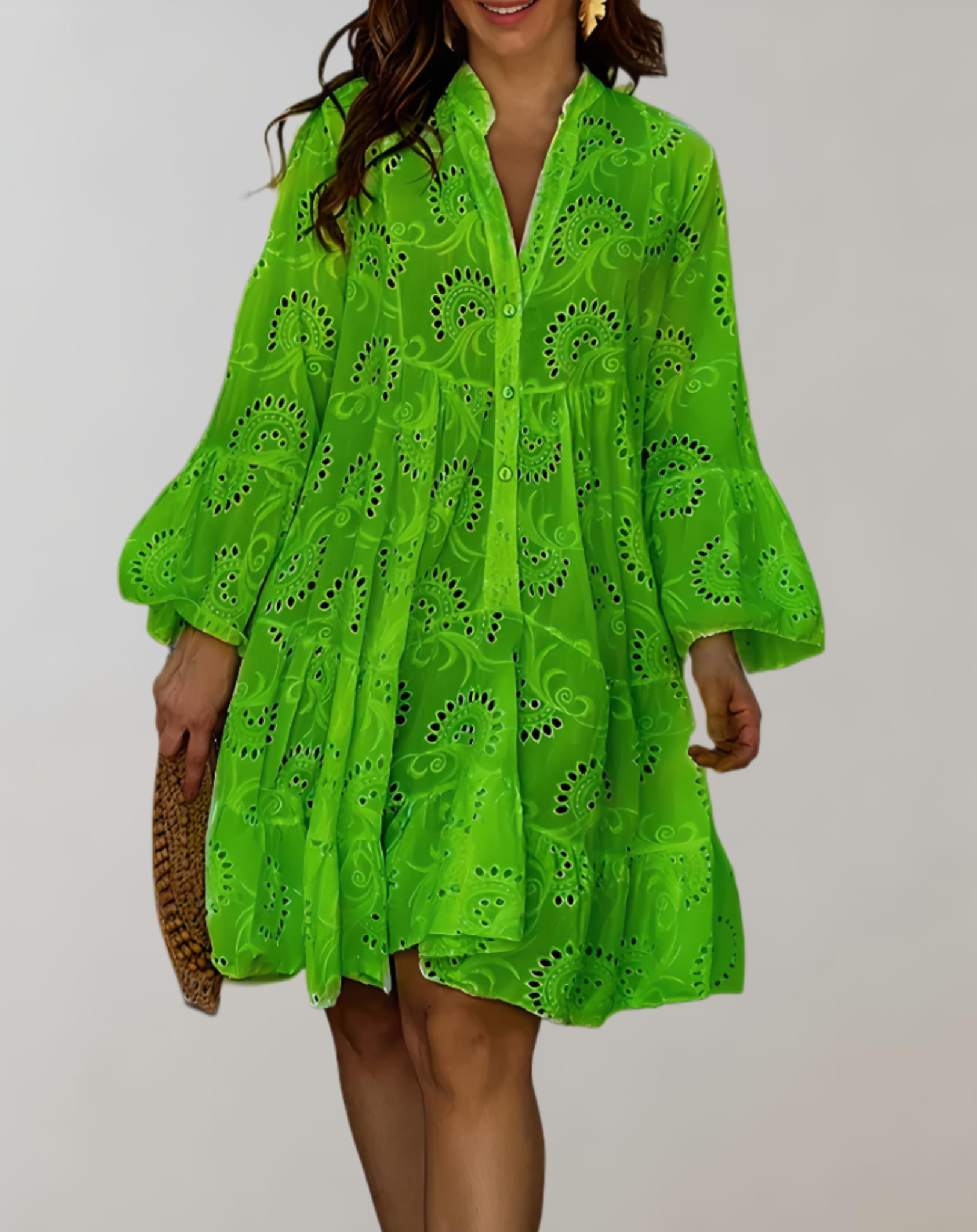 Stylish V-Neck Embroidered Dress with Cozy Bell Sleeves