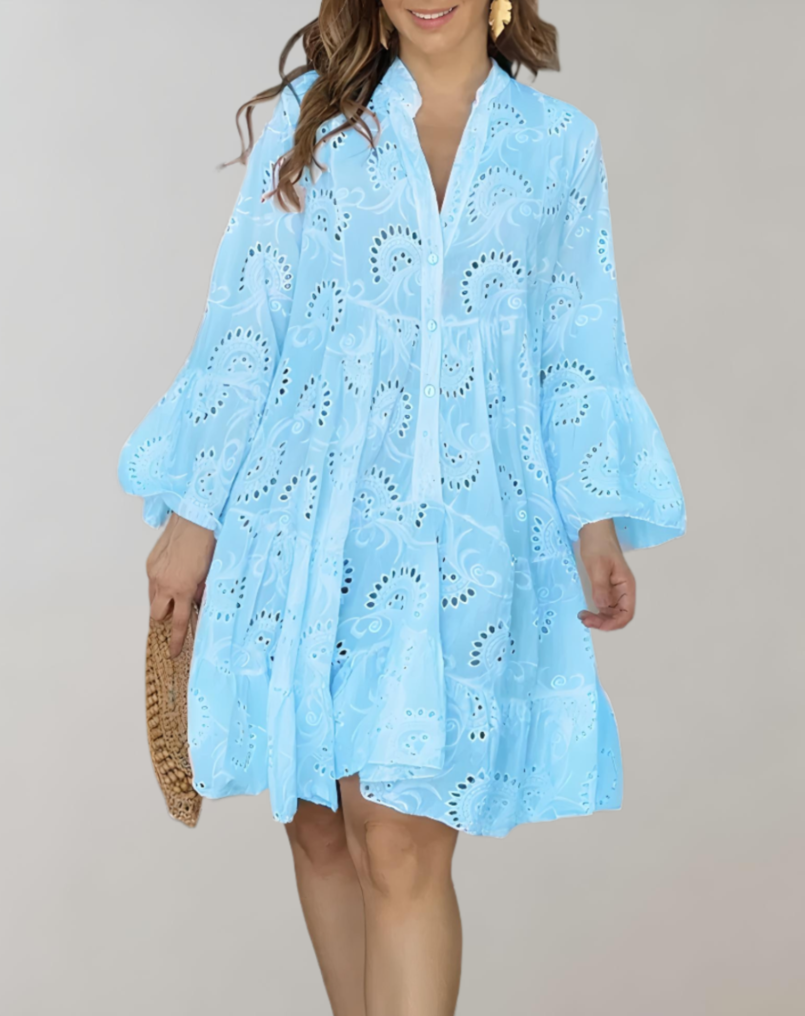 Stylish V-Neck Embroidered Dress with Cozy Bell Sleeves