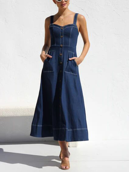 Button-Up Front Casual Midi Dress with Denim Straps