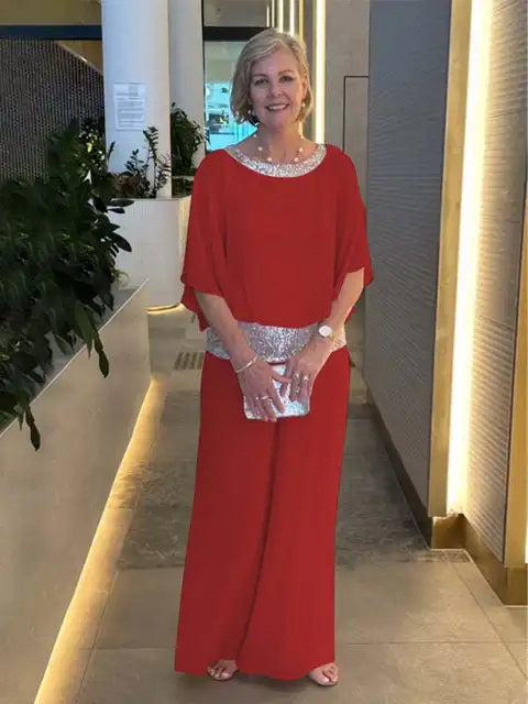 Chic Evening Ensemble: Sparkling Top with Palazzo Trousers