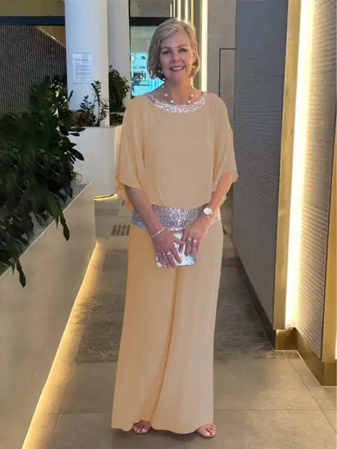 Chic Evening Ensemble: Sparkling Top with Palazzo Trousers