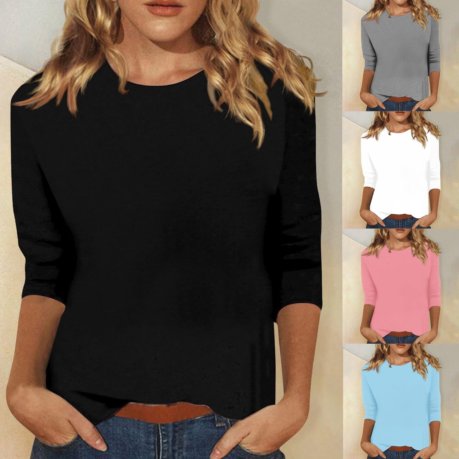 Stylish 3/4 Sleeve Casual Women's Top with Curved Hem by Heidi Fashion