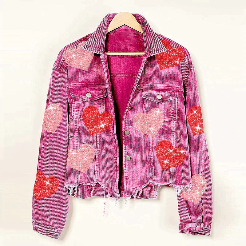 Heart-Embellished Corduroy Jacket with Sequin Accents