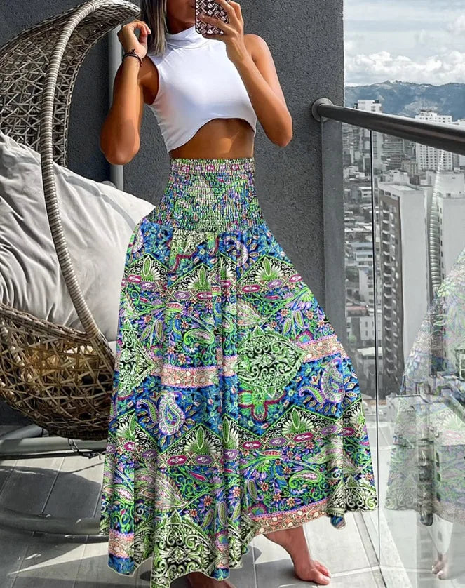 Chic High-Waisted A-Line Skirt with Stretchy Waistband and Flowy Design