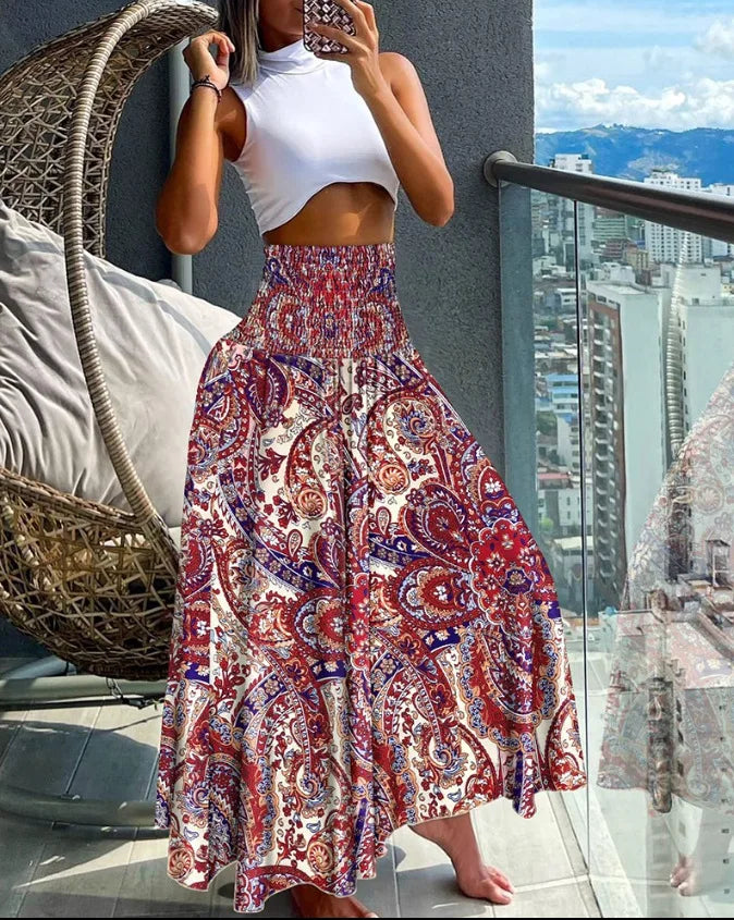 Chic High-Waisted A-Line Skirt with Stretchy Waistband and Flowy Design