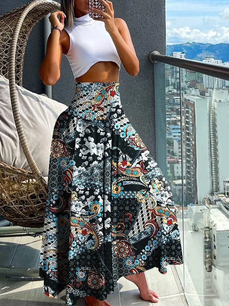 Chic High-Waisted A-Line Skirt with Stretchy Waistband and Flowy Design