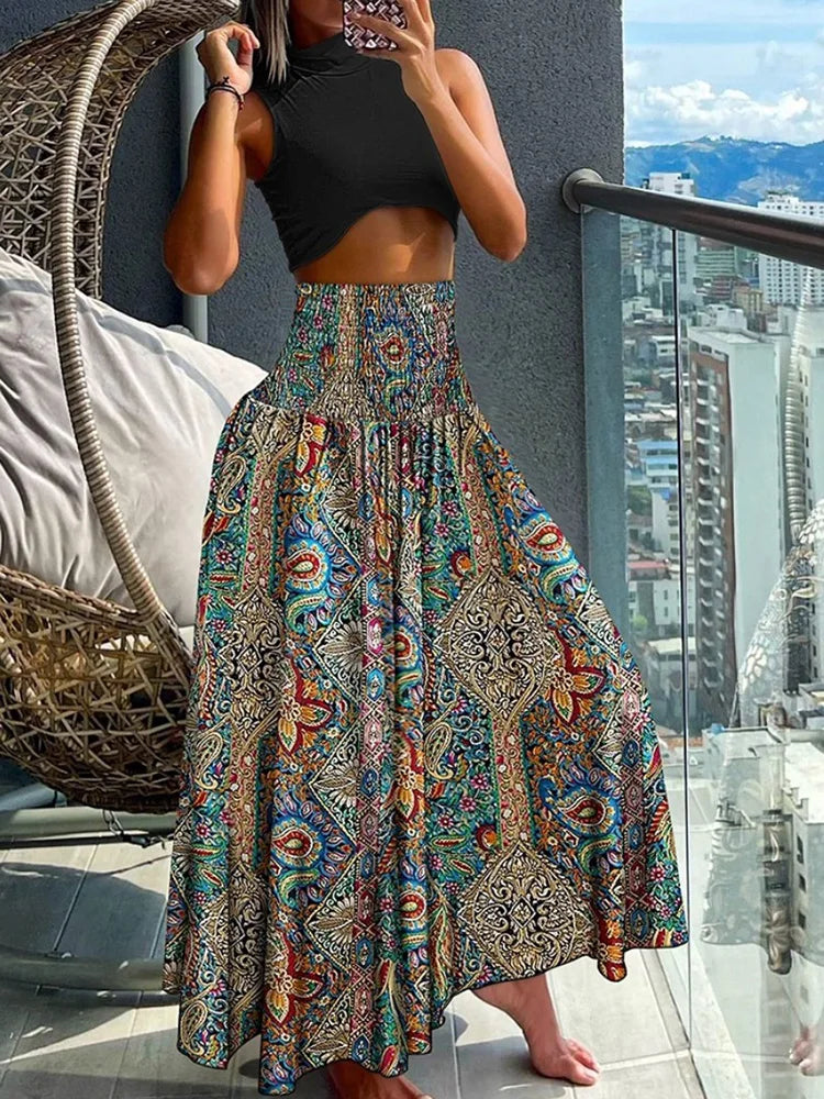 Chic High-Waisted A-Line Skirt with Stretchy Waistband and Flowy Design