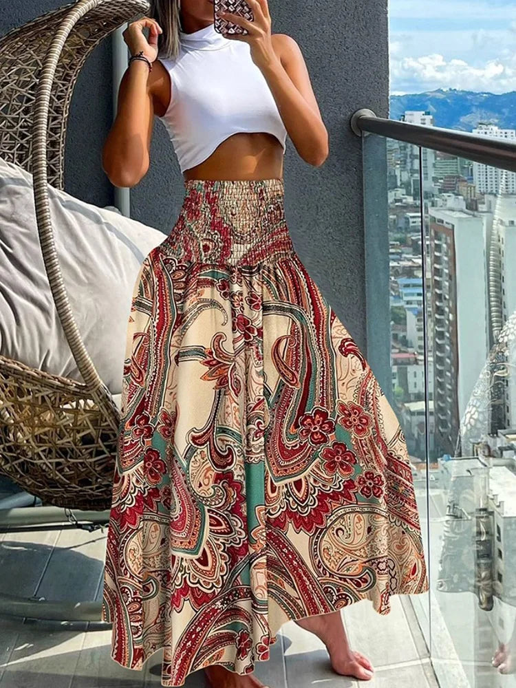 Chic High-Waisted A-Line Skirt with Stretchy Waistband and Flowy Design