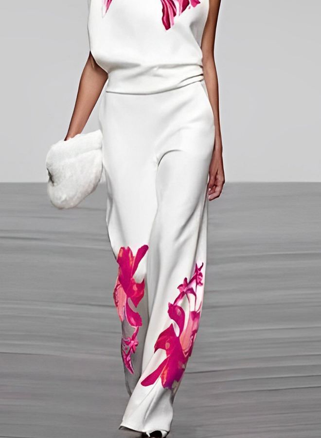 Floral Print Turtleneck and Wide-Leg Trouser Ensemble