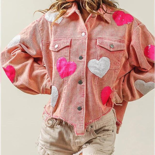 Heart-Embellished Corduroy Jacket with Sequin Accents