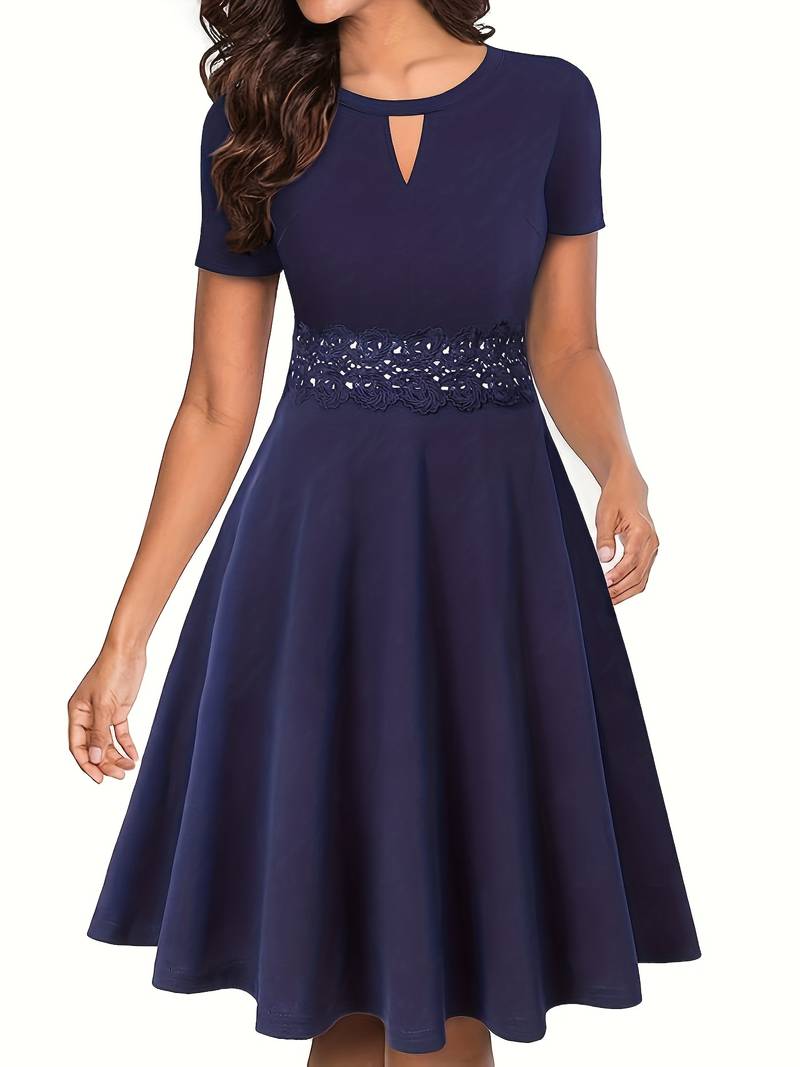 Elegant Lace-Trimmed Blue Dress with Fitted Waist