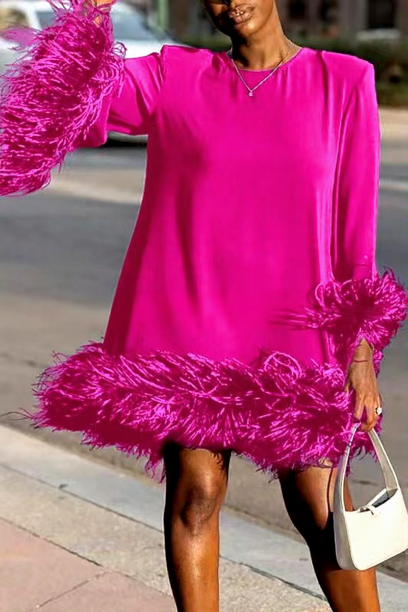 Feathered Mini Dress with Asymmetrical Hem