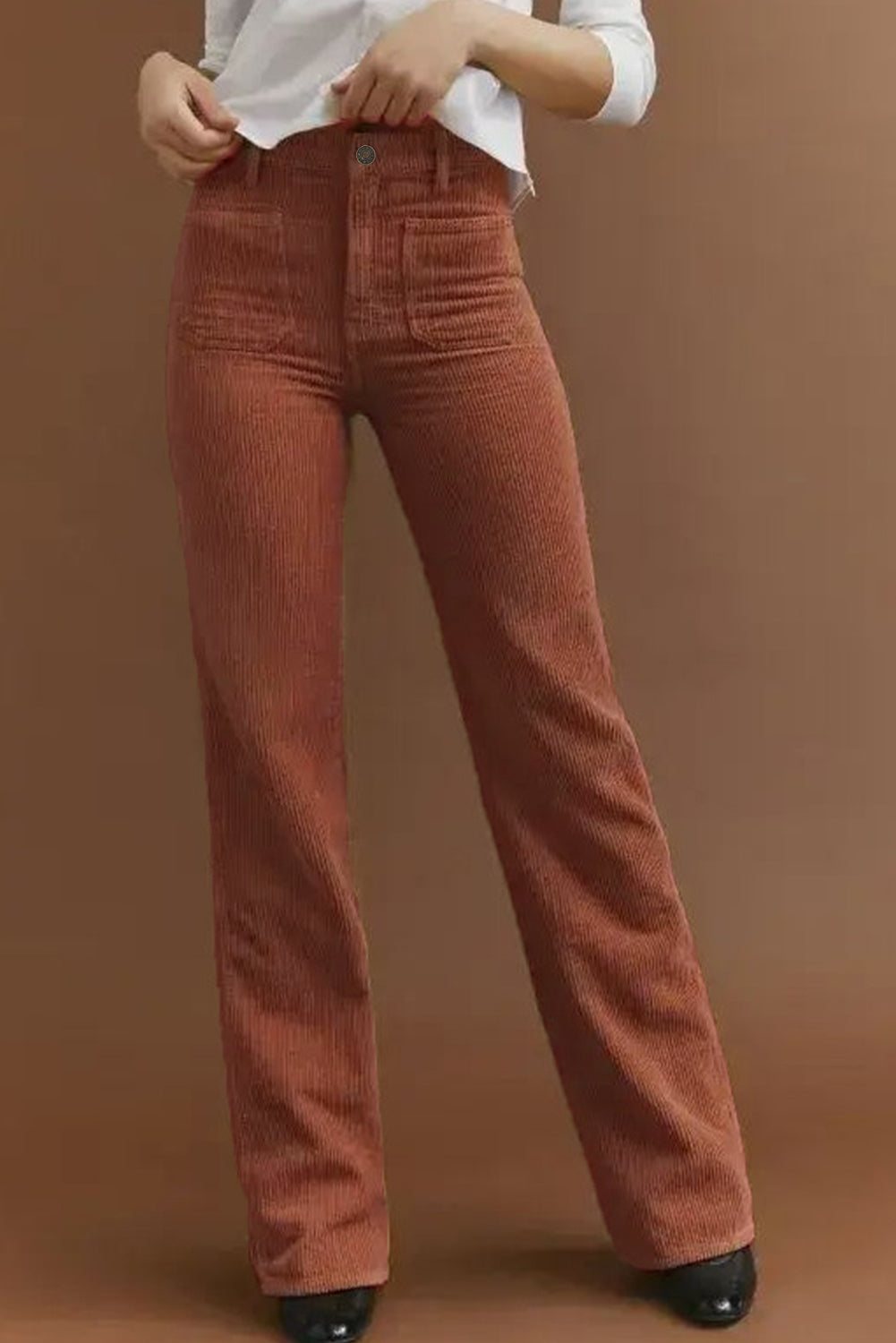 Stylish High-Waisted Corduroy Pants Featuring Trendy Square Pockets