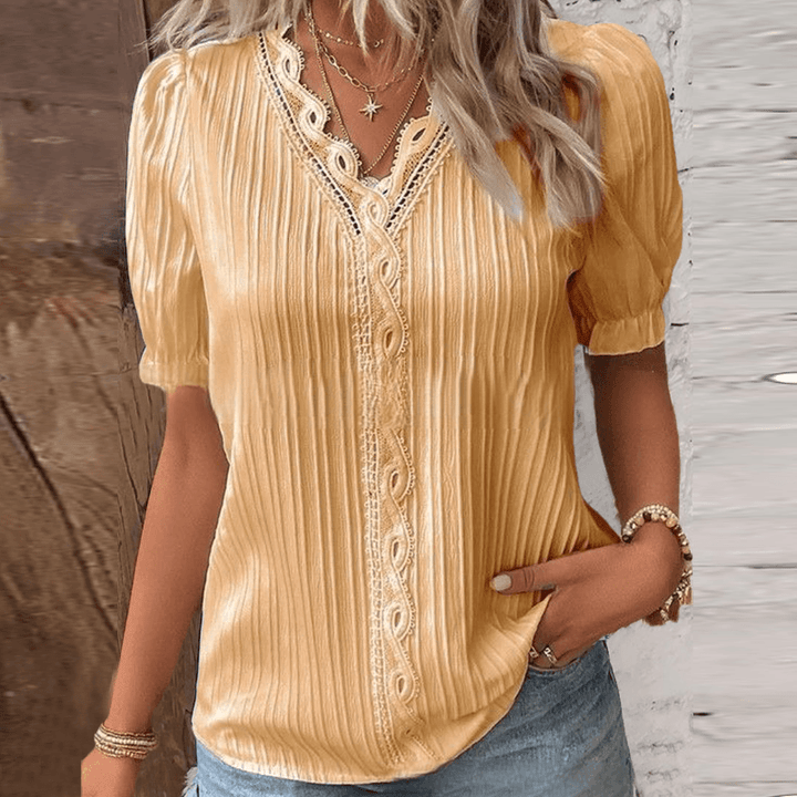 Chic V-Neck Blouse Featuring Beautiful Lace Details