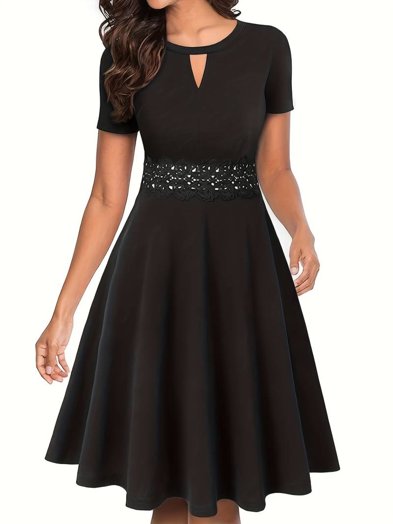 Elegant Lace-Trimmed Blue Dress with Fitted Waist