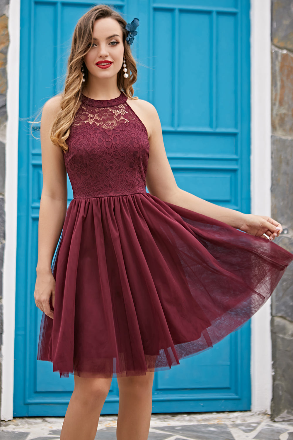 Elegant Burgundy Halter Dress for Confirmation Celebration
